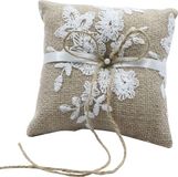 Letuxiashop Vintage ringkussen bruiloft – jute & kant met bloemen – 15 × 15 cm