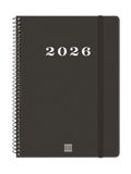Finocam Spiraalkalender 2026, weekoverzicht, dwarsaanzicht, januari - december (12 maanden), jaarplanner 2026, met elastiek, hardcover, spiraalbinding, zwart, Catalaans