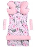 Medi Partners MINKY Universele stoelbekleding voor kinderwagen en buggy's, zitplaatje, kinderwagendeken, 5-delig, gordelkussen + speelboog, kinderwagenset, katoen, bloem met lichtroze minky