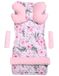 Medi Partners MINKY Universele stoelbekleding voor kinderwagen en buggy's, zitplaatje, kinderwagendeken, 5-delig, gordelkussen + speelboog, kinderwagenset, katoen, bloem met lichtroze minky