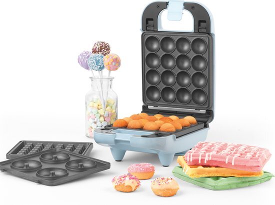 Petra PT4943BLNVDEEU7 compacte 3-in-1-minitraktatiemachine, heerlijke donuts, cakepops en wafels, traktaties, wafel- en cakemachine, eenvoudig te reinigen uitneembare platen met antiaanbaklaag, 650W