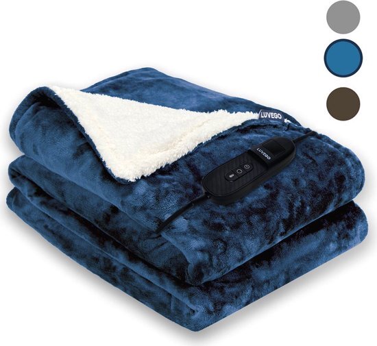 Luvego Elektrische Bovendeken Warmtedeken XL met Fleece/Sherpa | 1 Persoons Omslagdeken l Plaid 180x130 CM l 3.5 Meter Kabel l 160W l Donker Blauw