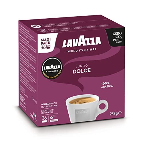 Lavazza A Modo Mio Lungo Dolce, Koffiecapsules, 100% Arabica, Zoete en Zachte Smaak, Intensiteit 6/13, Medium Roosteren, Perfect voor een 40ml Espresso, Composteerbaar, 36 Espresso Pods