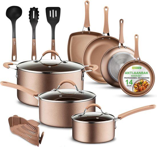 NutriChef 14-Delige Pannenset Inductie - Goud - PFAS-Vrij - Met Steelpan, Koekenpannen, Kookpotten en Braadpan