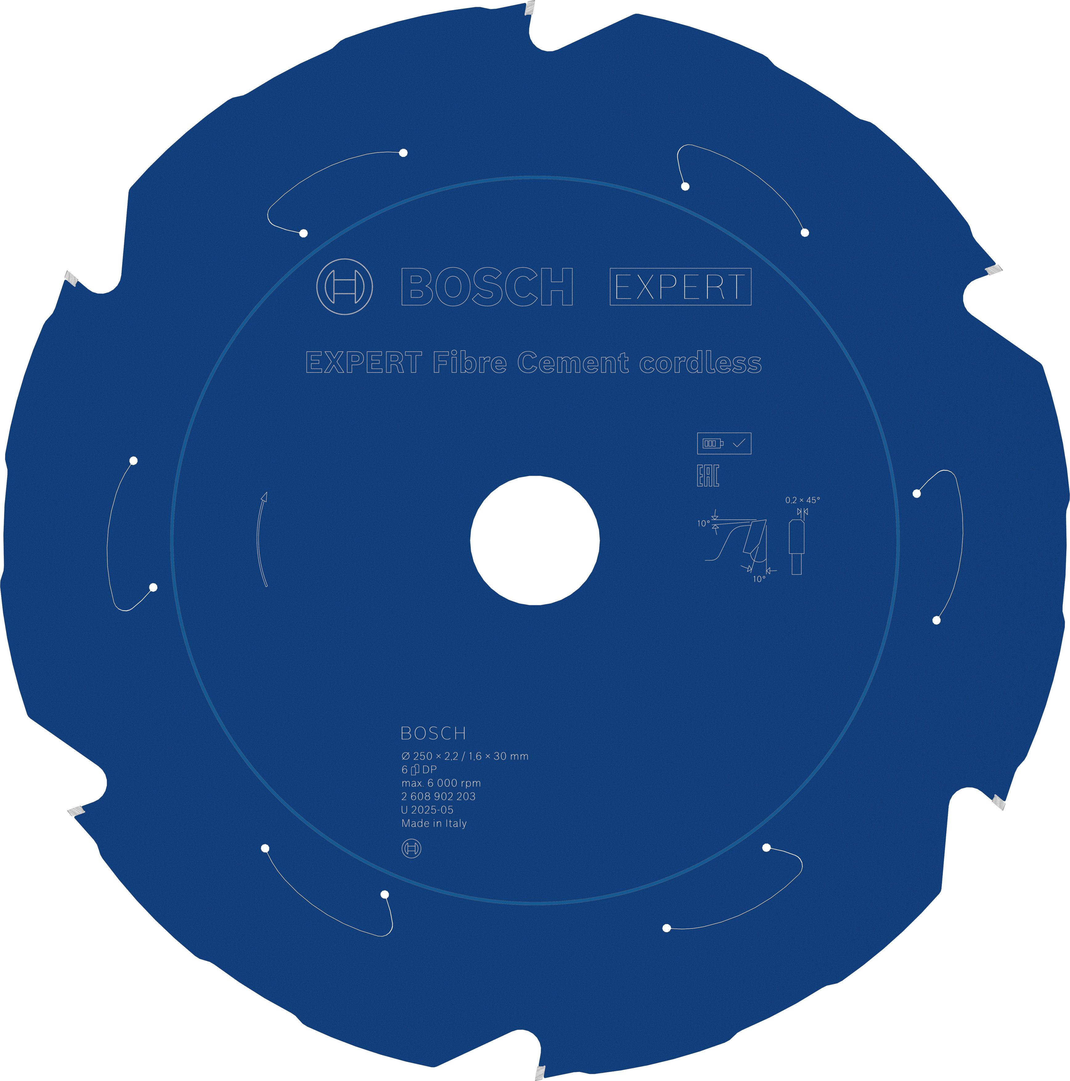 Bosch Accessoires EXPERT Fibre Cement cordless-Cirkelzaagblad | 250 x 2,2/1,6 x 30 mm | T6 - 2608902203