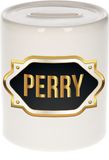 Bellatio Decorations Spaarpot met voornaam Perry - wit - met goud/zwart embleem - 8 x 9 cm - keramiek - met afsluitdop - cadeau verjaardag