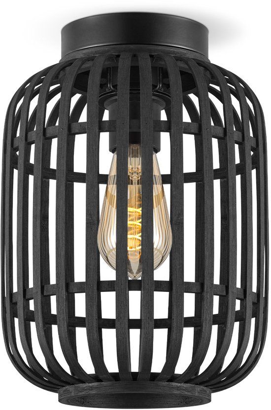 Home Sweet Home Boheemse stijl Plafondlamp - Bamboe Lampenkap - Cilinder - Zwart - Ø21,5 x 30 cm - E27 fitting