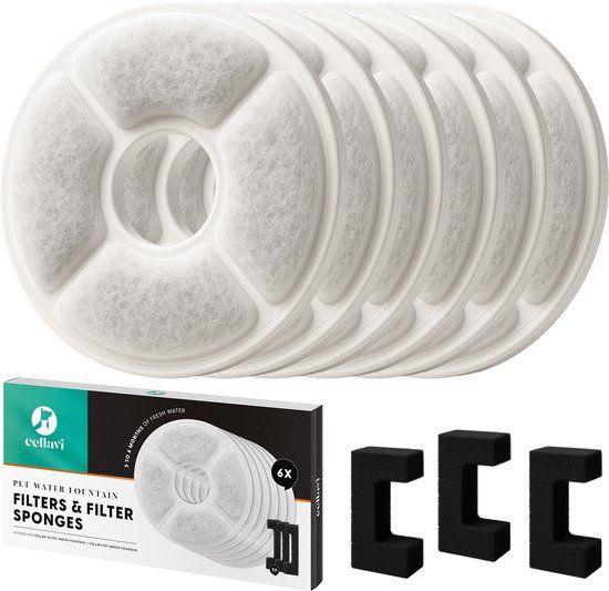 Cellavi 3 in 1 Waterfilters & Filtersponsjes voor Drinkfontein Kat en Hond - 6 Waterfilters & 3 Filtersponsjes