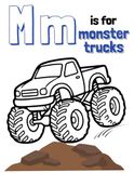 Mm is for Monster Trucks: Monster Truck Coloring Book for kids ages 3-10, big bold trucks for kids who love vehicles