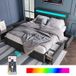 Pangivo Lit Double Rembourré 140x200 cm avec LED, 4 tiroirs et tête de lit réglable en lin gris