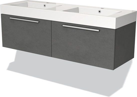 Maxaro Badkamermeubel 140cm Modulo Donkergrijs Beton 2 Lades Vlak Wastafel Mineraalmarmer