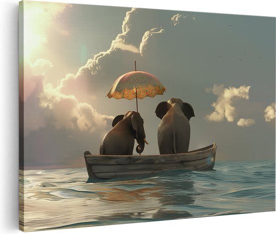 Artaza Canvas Schilderij Olifanten in Boot - 90x60 cm - Canvas Print
