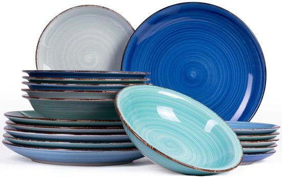 Cookinglife Delice Blue 18-Piece Dinnerware Set - Service for 6 - Modern Design Earthenware - Dishwasher & Microwave Safe