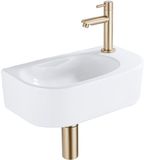 QeramiQ Fuente Fonteinset - 40x21.5x12cm - rechts - glad - halfrond - 1 kraangat - keramiek - fonteinkraan geborsteld messing - afvoerplug - verlaagd sifon - wit glans