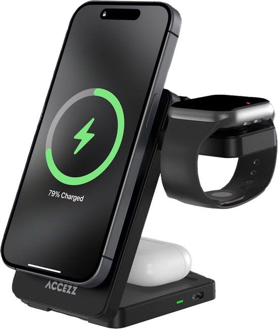 Accezz 3-in-1 Opvouwbare Draadloze Oplader - Geschikt voor MagSafe - 20W Qi Wireless Charger - Oplaadstation