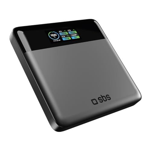 SBS Pulse PowerBank Lite 100W, 20000mAh, Power Delivery (PD 3.0 PPS), AFC, Powerbank met snelladen, LCD AI-display, USB-C, USB-A, Draagbare Reisoplader, Slim Design, Grijs