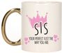 Bellatio Decorations Cadeau koffie/thee mok voor zus - kroon/hartjes - goud - 300 ml - Moederdag