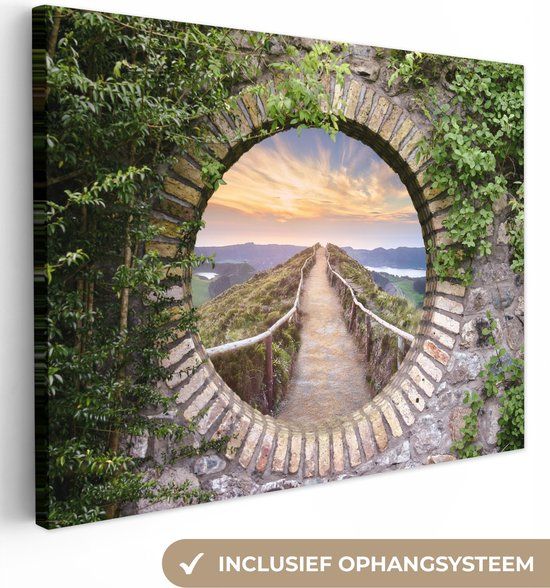 OneMillionCanvasses Canvas schilderij 160x120 cm - Brug - Zee - Doorkijk - Zomer - Modern - Muurdecoratie