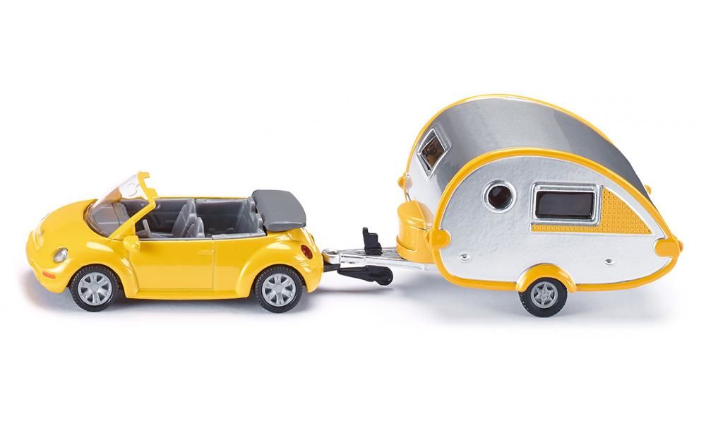 SIKU 1629 Volkswagen Beetle met Caravan - Geel/Zilver - 1:55 Schaal