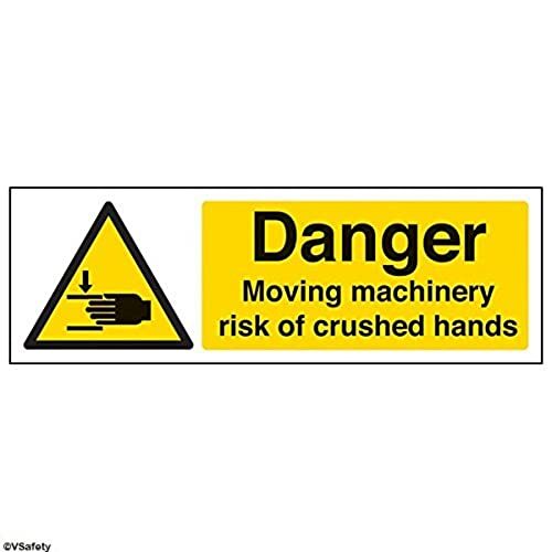 V Safety VSafety 65037AX-S "Danger Moving Machinery/Risk of Trapped Hands" waarschuwingsbord voor machines, zelfklevend, landschap, 300 mm x 100 mm, Zwart/Geel