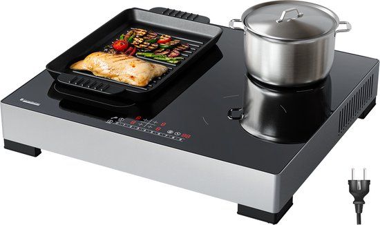 KitchenBrothers Inductie Kookplaat - Vrijstaande Inductieplaat - 60 cm - 4 Zones - 1x Flexzone - 1 Fase - Tot 3500W - Zilver/RVS