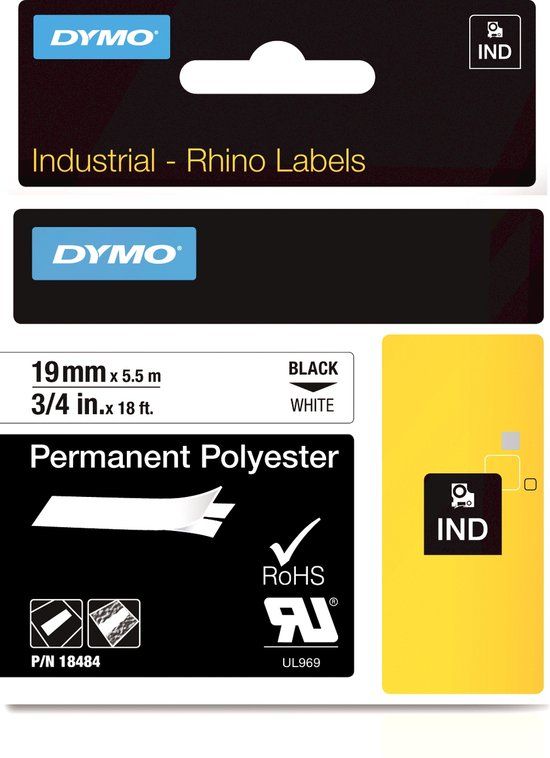 DYMO Rhino Label Tape - 19mm x 3.5m - Black on White - Polyester - 18484