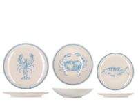 H&H Mediterranean 18-delige Serviesset van Gedecoreerd Steengoed voor 6 Personen, Mediterraan Design met Blauwe Vissen en Schaaldieren