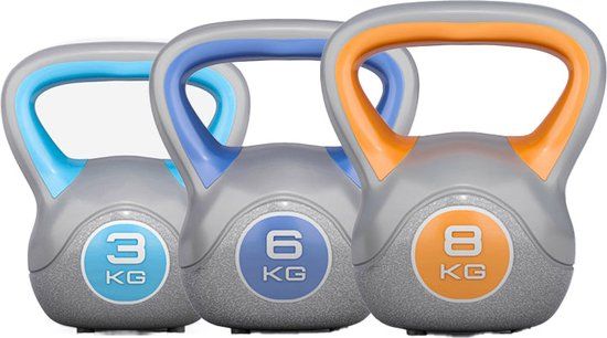 Gorilla Sports Kettlebells - Kunststof Trendy - 3 kg, 6 kg & 8 kg - Set van 3 - Grijs