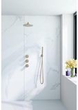 Fortifura Nebbio opbouw regendoucheset – Ø30 cm hoofddouche – 35 cm gebogen wandarm – 1-stands staafhanddouche – messing geborsteld