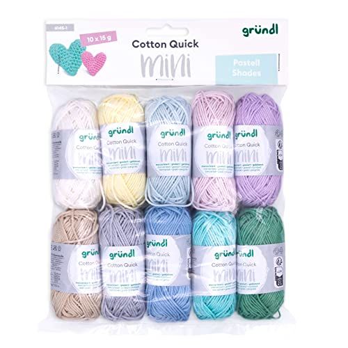 Gründl Wol Cotton Quick Mini Shades of Pastel Set voor breien en haken, 10 x 15 g, 100% katoen, 15 g/37 m, pastelkleuren