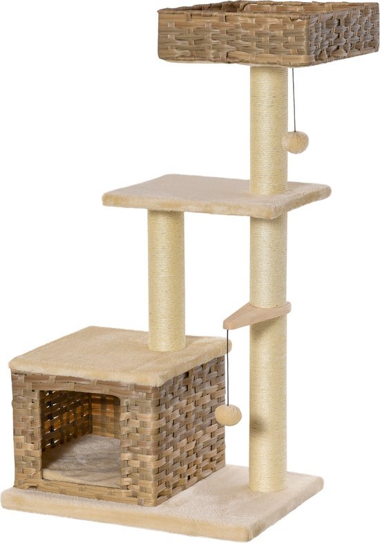 Pawhut Kattenboom multifunctionele krabpaal kattengrot speelbal bruin + beige D30-376