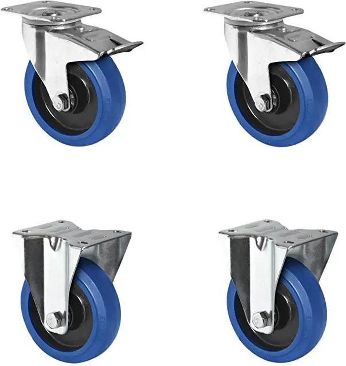 CASCOO SETTPFP100R4E1B34 wielenset 2 zwenkwielen met vergrendeling, 2 vaste wielen, polyamide, elastiek blauw, rubber, diameter 100 mm, kogellagers, transportwielen, draagvermogen 480 kg (4-pack)