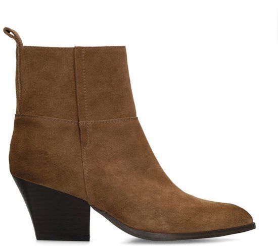 Manfield - Dames - Taupe suède enkellaarsjes met hak - Maat 42