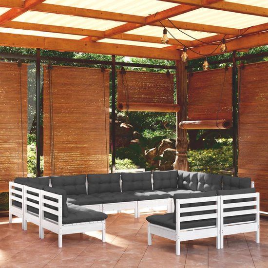 The Living Store Loungeset Grenenhout - Wit - 63.5x63.5x62.5 cm - Inclusief kussens - Montage vereist