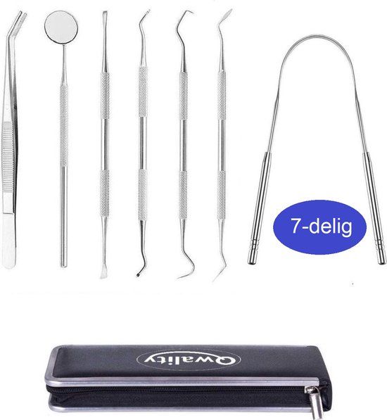 Tandarts Set met Etui - 7 Tools - RVS - Tandplak Verwijderen - Zwart/Zilver