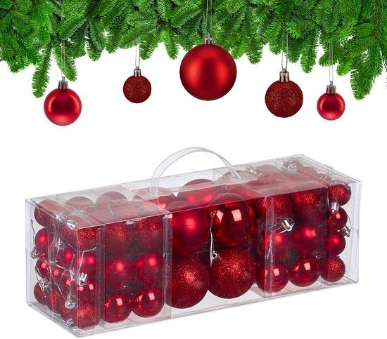 Relaxdays Kerstballen set van 76, kunststof, onbreekbaar, rood