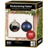 Bellatio Decorations Luxe Kerstboomversiering set 100-delig voor 150 cm boom - Zilver en donkerblauw Kerstversiering