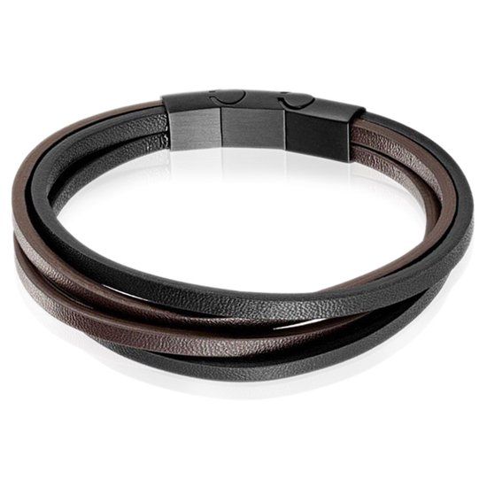 Mendes Heren armband Leer Edelstaal Verstelbaar Zwart Bruin