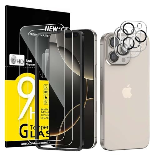 NEW'C 2 x Screen Protector voor iPhone 16 Pro (6,3 inch) en 2 x Camera Lens Protector - Gehard Glass Schermbeschermer- Ultrabestendig- 9H hardheidsglas - Eenvoudig installatiegereedschap inbegrepen