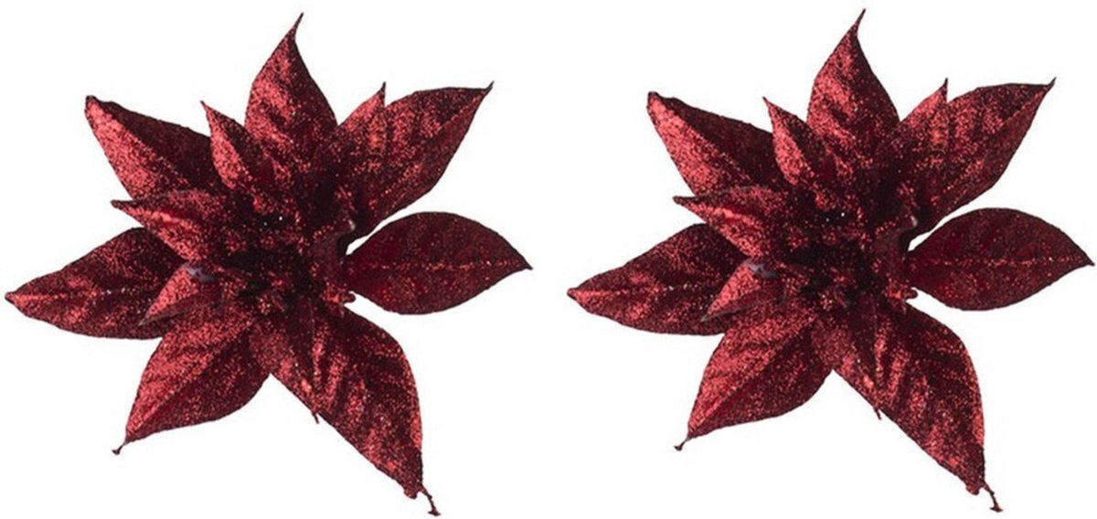Cosy&Trendy 2x Kerstboomversiering op clip bordeaux/donkerrode glitter bloemen 8 cm- kerstboom decoratie - Donkerrode kerstversieringen