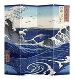 Fine Asianliving Kamerscherm Scheidingswand B160xH180cm 4 Panelen Japanse Kanagawa Nami Canvas Scherm Twee-zijdig Print Art 203-209