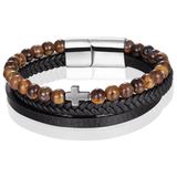 Memphis Heren armband Tijgeroog kraal gevlochten leer Kruis Zilverkleurig Bruin Zwart - 19cm