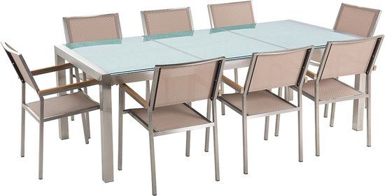GROSSETO - Tuinset voor 8 personen - Beige - RVS - Veiligheidsglas