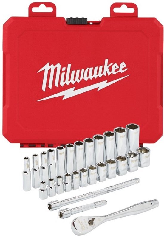 Milwaukee Ratel + doppen set 1/4 Drive 28 pc Ratchet + Socket Set Metric - 4932464943