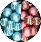 Decoris - Kerstballen 24 stuks - Mix Oudroze/IJsblauw - 6 cm - Kunststof