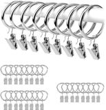 Zilverkleurige Shenzhen Haorui Industrial Technology Co., Ltd. Zilveren gordijnroederingclips, verpakking van 24, roestvrije metalen gordijnringen met haken/hangerclips met ogen voor het bevestigen van zware gordijnroedesets en gordijnen (38 mm)