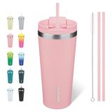 BJPKPK 650 ml beker met deksel en rietje roestvrij staal reizen koffiemok geïsoleerde bekers cups, lichtroze