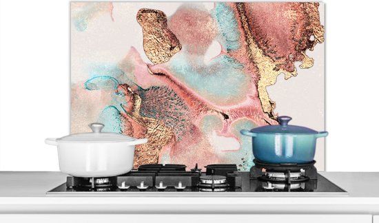KitchenYeah Spatscherm keuken - Pastel - Abstract - Inkt - Chic - Goud - 80x55 cm - Aluminium