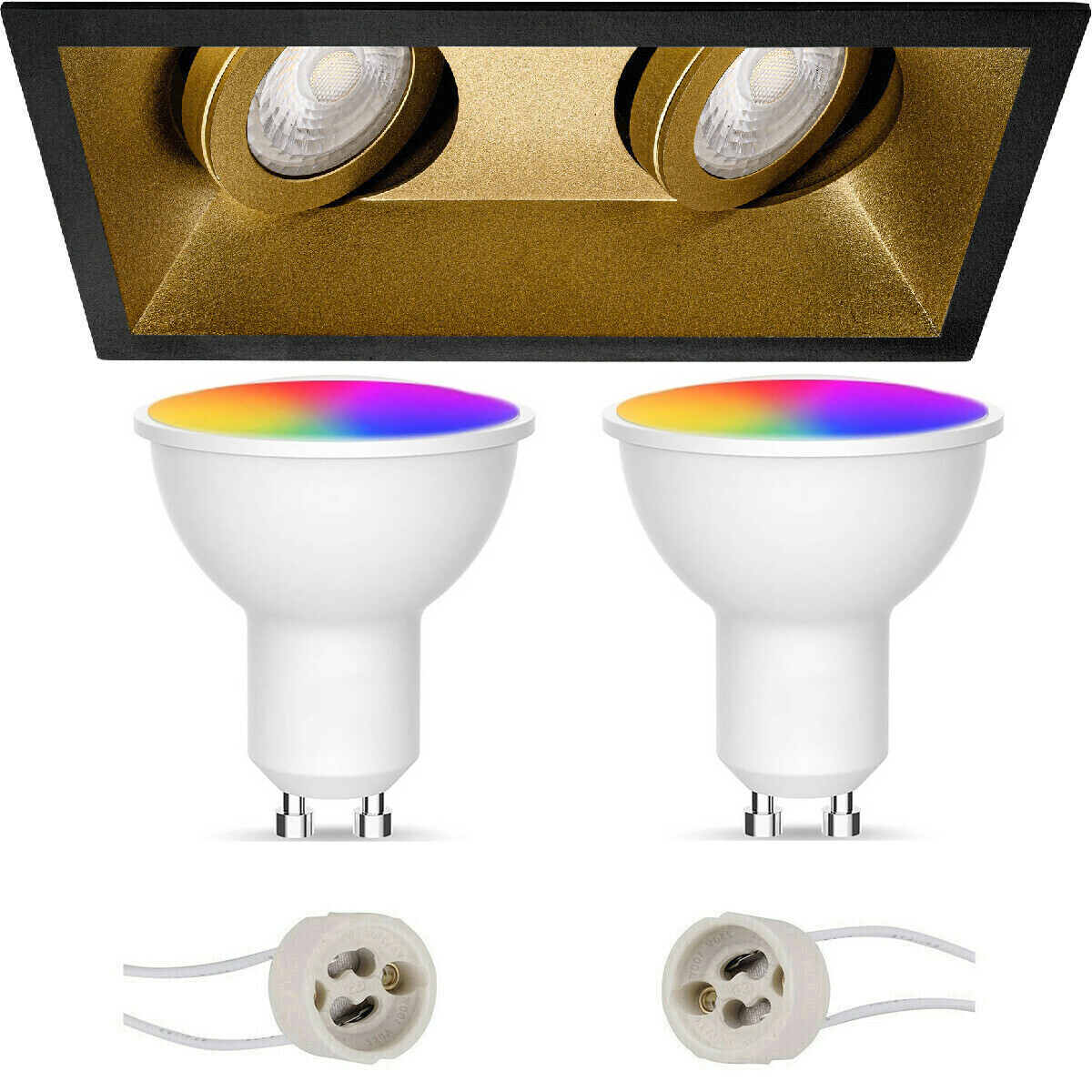 BES LED Voordeelset LED Spot Set GU10 - Facto - Smart LED - Wifi LED - Slimme LED - 5W - RGB+CCT - Aanpasbare Kleur - Dimbaar - Afstandsbediening - Pragmi Zano Pro - Inbouw Rechthoek Dubbel - Mat Zwart/Goud - Kantelbaar - 185x93mm