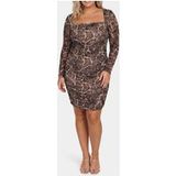Guess Jurk L Bruin Polyester Dierenprint Lange mouw Vierkante hals Rits